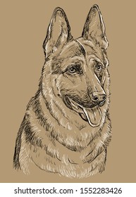 German Shepherd Dog vector hand drawing illustration in black and white colors isolated on beige background