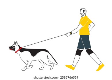 German shepherd, dog walking, simple illustration of a walking Caucasian man Flat design With main lines