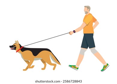 German shepherd, dog walking, simple illustration of elderly Caucasian man walking Flat design