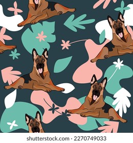 German Shepherd dog wallpaper with leaves, palms, flowers, plants. Pastel green, pink, navy.Holiday abstract natural shapes. Seamless floral background with dogs, repeatable pattern.Birthday wallpaper