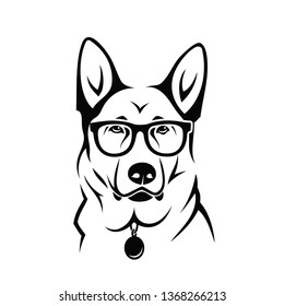 German Shepherd dog wearing eyeglasses - isolated outlined vector illustration 