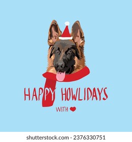 german shepherd dog in a winter scarf and Santa hat. Xmas winter postcard. Happy Howlidays Dog Christmas Card for dog lovers. Abstract postcard with detailed Drawing. Cartoon style. Popular character.