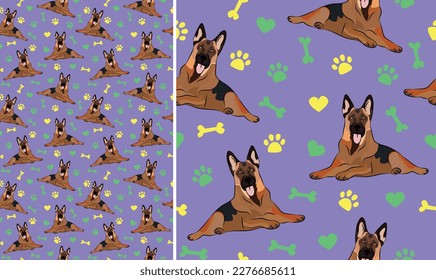 German Shepherd dogs on a playful violet background with bones, hearts, paws. Funky, colorful vibe, vibrant palette. Simple, clean, modern texture. Summer seamless pattern with dogs. Birthday present.