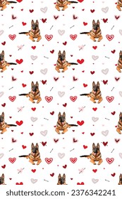 German shepherd dogs Valentine's day heart wallpaper. Love doodles hearts with pets holiday texture. Square background, repeatable pattern. St Valentine's day wallpaper, valentine present, print.