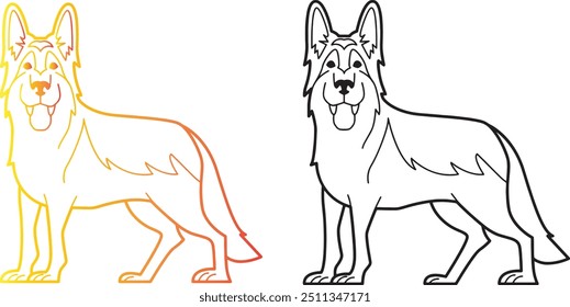 German shepherd drawing pencil line art black color and colorful set premium quality blank background