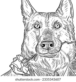 german shepherd gentelman dog with a rose in a suit vector coloring page valentines day love postcard antistress antropomorphic animal cartooon children book illustration 