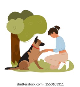 German shepherd giving paw to his owner. Flat modern trendy style.Vector illustration character icon. Isolated on white background.