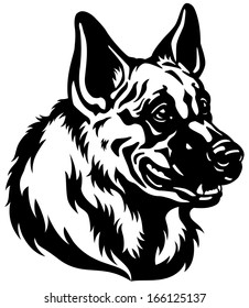 German shepherd head black and white illustration 