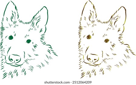 German shepherd head pencil line art green color and colorful art set premium quality image