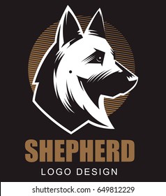German Shepherd Illustration. Logo, Emblem. Black Baground.