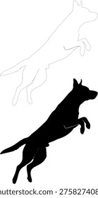 German Shepherd Jumping Silhouette and Outline Vector - Athletic Police Dog K9 Action Graphic for Security, Guard Dog, and Protection Training