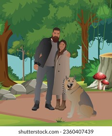 German Shepherd in nature, next to his parents. Vector illustration.