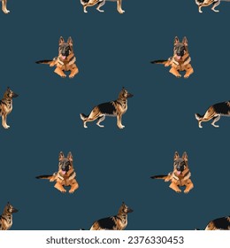 German shepherd pattern. Big dogs on a dark background. Cute red and black, tan and black fur german shepherd. Holiday present wallpaper, dog fun. Smiling happy dog icon, repeatable pattern.