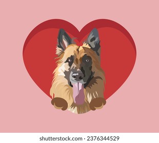 German shepherd with paws, Valentine's Day postcard. Big red heart with pet head looking out from a heart, holiday present. Cartoon square background dog breed art. St Valentine's day card. 