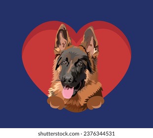 German shepherd with paws, Valentine's Day postcard. Big red heart with pet head looking out from a heart, holiday present. Cartoon square background dog breed art. St Valentine's day card. 