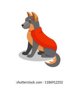 German Shepherd pedigree dog in red cape, cute puppy pet character vector Illustration on a white background