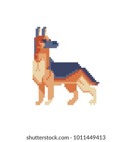 German shepherd. Pixel art. Dog icon. Stickers design. Isolated vector illustration. 