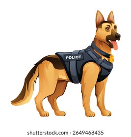 German Shepherd police dog wearing a police vest with a badge, ready for duty and protection. Vector cartoon illustration