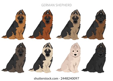 German shepherd puppy in different coat colors clipart. Vector illustration