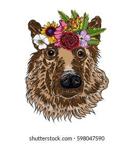 German Shepherd puppy in the exotic flower roses wreath crown. Tattoo or T - shirt dress poster boho Chic dog portrait concept. Fashion illustration. Hand drawn domestic dog vector.