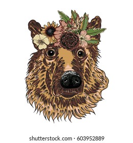 German Shepherd puppy in the exotic flower roses wreath crown. Tattoo or T - shirt dress poster boho Chic dog portrait concept. Fashion illustration. Hand drawn domestic dog vector.
