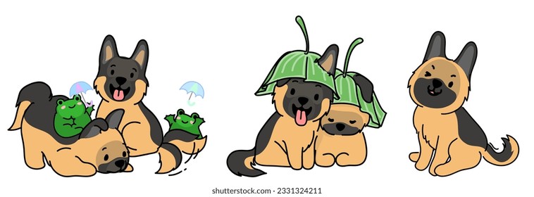 German shepherd puppy with frog cartoon style rainy season set vector