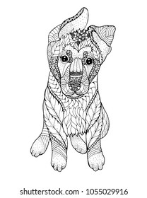 German shepherd Puppy zentangle stylized. Freehand vector illustration. Print for POD sites and coloring books.