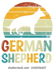 German Shepherd Retro Vintage Sunset T-shirt Design template, German Shepherd on Board, Car Window Sticker, POD, cover, Isolated white background, White Dog Silhouette Gift for German Shepherd Lover