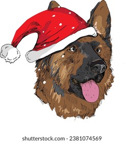 German Shepherd Santa Claus, colorful vector drawing of a dog wearing a Santa Claus hat. Happy Christmas