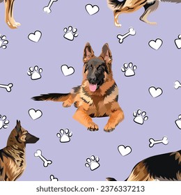 german shepherd seamless pattern with dogs, bones, hearts, and paws on a playful a light violet background.Holiday texture with mixed-breed dog in one color, line art style, white dog icons, wallpaper