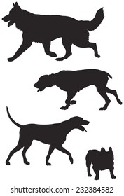 German shepherd, German shorthaired pointer, Dalmatian and French bulldog dog breed vector silhouettes