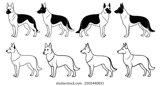 german shepherd silhouette Black and Line Art set