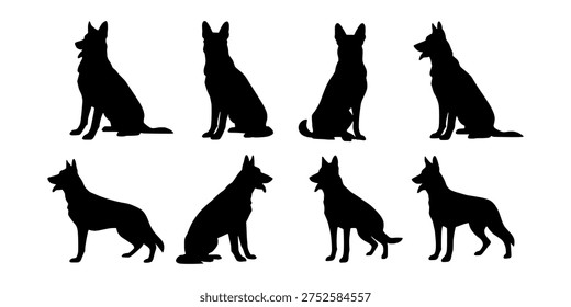 German shepherd silhouette set. German shepherd dog vector illustration. Black German shepherd silhouettes isolated on white background. Alsatian dog clipart bundle. Vector.
