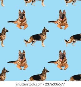 German shepherd sitting dog seamless pattern. Hand-drawn dog on a repeatable blue background. Cute Smiling abstract texture with spaniel Drawing. Cartoon style. Popular character. Holiday present.