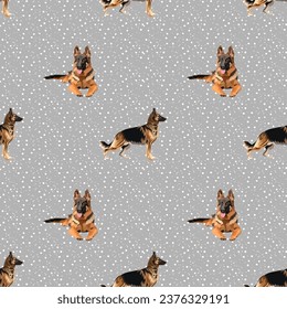 German shepherd sitting and in profile dog seamless pattern.Hand-drawn dog on a repeatable grey background with snow.Cute abstract texture with happy dog illustration. Cartoon style. Popular character