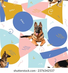 German shepherd summer pastel wallpaper. Holiday abstract circles, squares, spirals, confetti. Seamless geometric background, repeatable pattern. Birthday wallpaper, Christmas present, print tiles