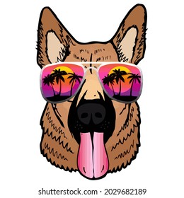 german shepherd with sunglasses funny dog tropical panoramic mug design vector illustration for use in design and print wall art poster canvas