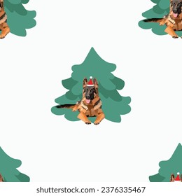 German shepherd under the Christmas tree seamless pattern. Popular repeatable winter background. Happy Howlidays Dog Christmas Card for dog lovers. Abstract texture with mongrel, tree. Cartoon style.