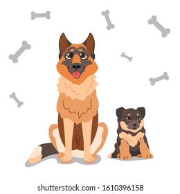 German Shepherd. Vector isolated dogs.  Adult dog and puppy. Mom and baby animals. Pedigree dog. Big and small dog.