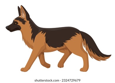 German Shepherd walking side view. Vector illustration isolated on white background. Police service dog breed.