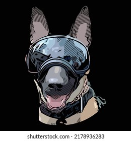 German Shepherd wearing dog goggles vector illustration with black background. 