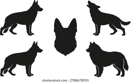 German Shepherd and Wolf Dog Silhouette Collection with Howling and Standing Poses Isolated on Light Background.eps

