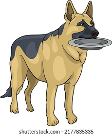 German Shepherd, wolfhound,  holding a bowl in his teeth drawing vector illustration dog police 