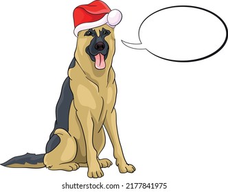 German Shepherd, wolfhound, siting on the floor in Santa Claus red hat merry Christmas x-mass drawing vector illustration dog police Christmas card