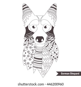 German shepherd. Zentangle style. Coloring book for adult, antistress coloring pages. Hand drawn vector isolated illustration on white background. Henna mehendi, tattoo sketch