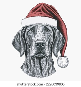 German Shorthaired Pointer Santa Hat Vector Illustration Tshirt Design Logo Icon Christmas Greeting Card