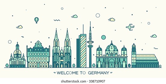 German skyline, detailed silhouette. Berlin, Dresden, Frankfurt, Cologne, Hamburg, Munich. Trendy vector illustration, linear style