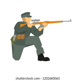 German sniper during the second world war, shoots on his knee. Dressed in a field uniform
