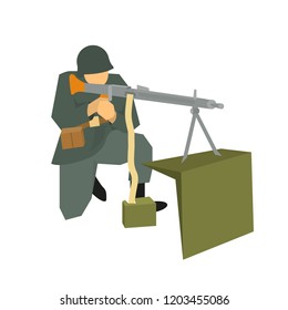 German soldier, dressed in a gray field uniform during the second world war, shoots a machine gun mg 34