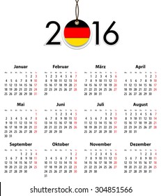 German Solid calendar for 2016 with flag like tag. Mondays first. Vector illustration